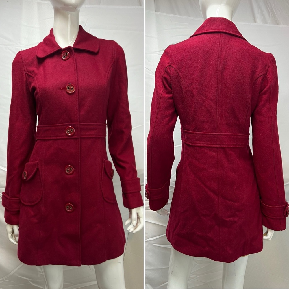 Tulle Cranberry Red Button Up Overcoat Pea Coat S… - image 1